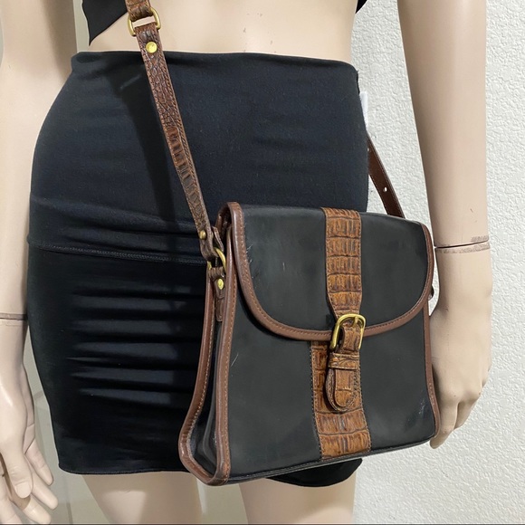 Vintage 80’s Brahmin Black/Brown Croc Leather Crossbody Bag - Picture 4 of 16
